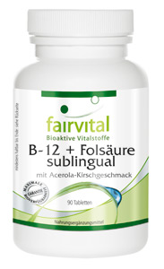 B-12 und Folsäure sublingual mit Acerola-Geschmack - Dieses B-12 Vitamin mit Folsäure wird zügig und sicher über die Mundschleimhaut aufgenommen. Sublingual-Tablette mit leckerem Acerola-Kirschgeschmack.