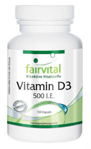 Vitamin D3 500 I.E. Vitamin D ist nur in begrenzter Menge in Nahrungsmitteln anzutreffen, deshalb wird von der Deutschen Gesellschaft für Ernährung (DGE) eine Supplementierung mit Vitamin D empfohlen.